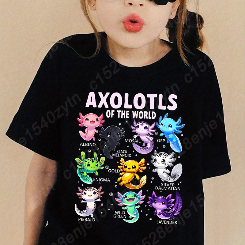 Colorful Cartoon Axolotls Graphic Print Tee, Girls' Casual & Comfy Crew Neck Short Sleeve T-shirt For Spring & Summer 3