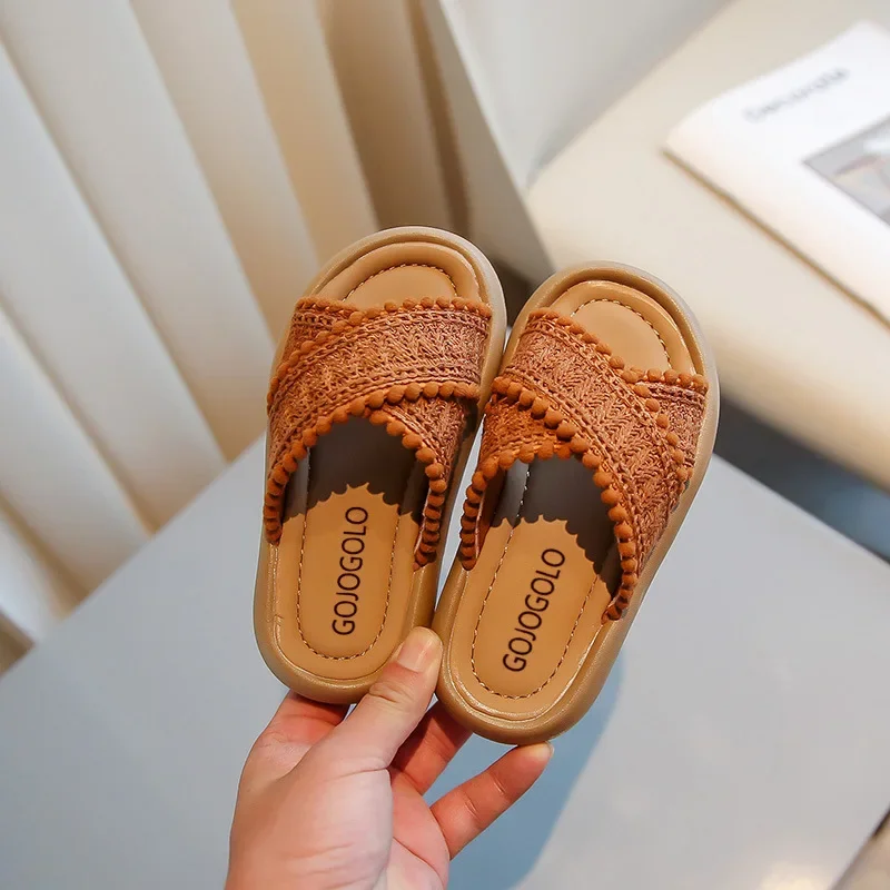 Girls Summer Slippers Princess Sweet Kids Slides Beach Shoes Bohemia Woven Children's Outdoor Slippers Anti-slippery 23-37 Soft