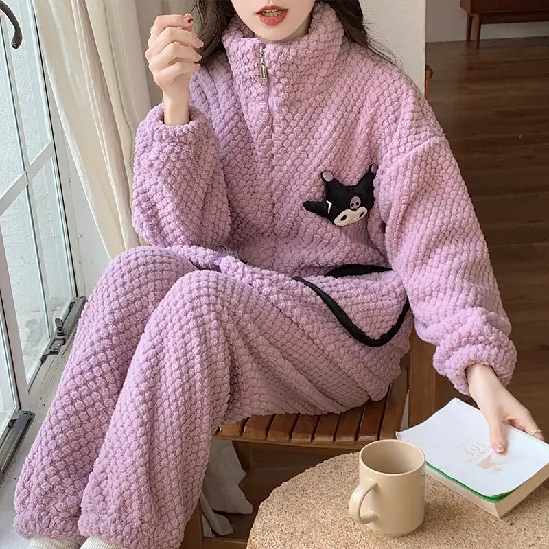 

Аниме кавайная Пижама Sanrio Kuromi Cinnamoroll Женская Коралловая флисовая Пижама осень-зима новая утолщенная теплая Домашняя одежда на молнии свободная