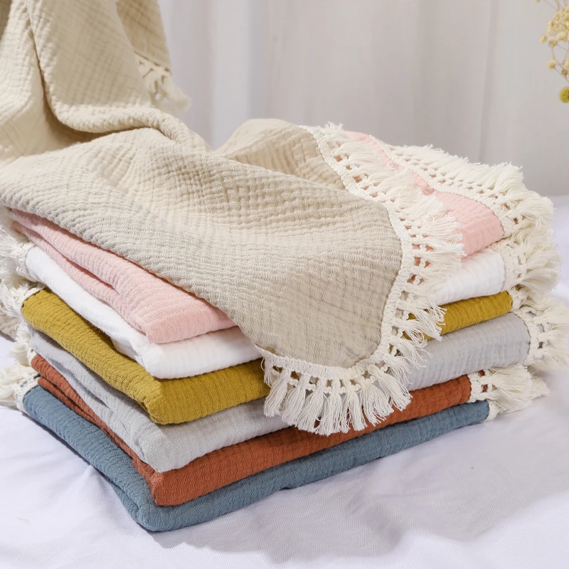 Cotton Muslin Swaddle Blankets For Newborn  Baby Tassel Receiving Blankets Infants Sleeping Quilt Bed Coverr