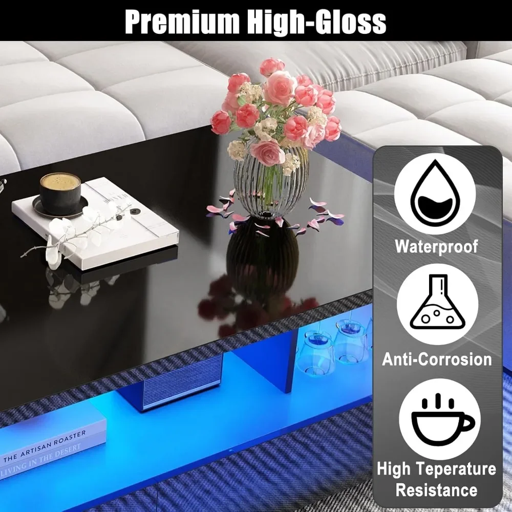 LED Coffee Table w/ 2 Storage Drawers,App Control, w/60,000-Color Lights,Rectangle 2-Tier Center Table w/Display Shelf 6