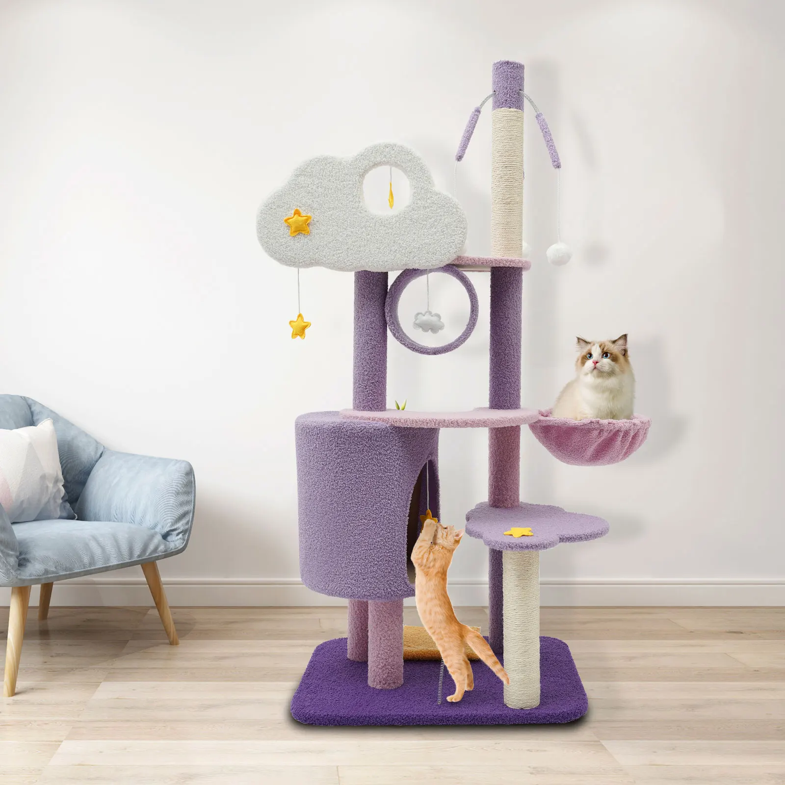 CatClimbingFrameMultiLevelCatTowerCutePurpleCatTreeFeaturing