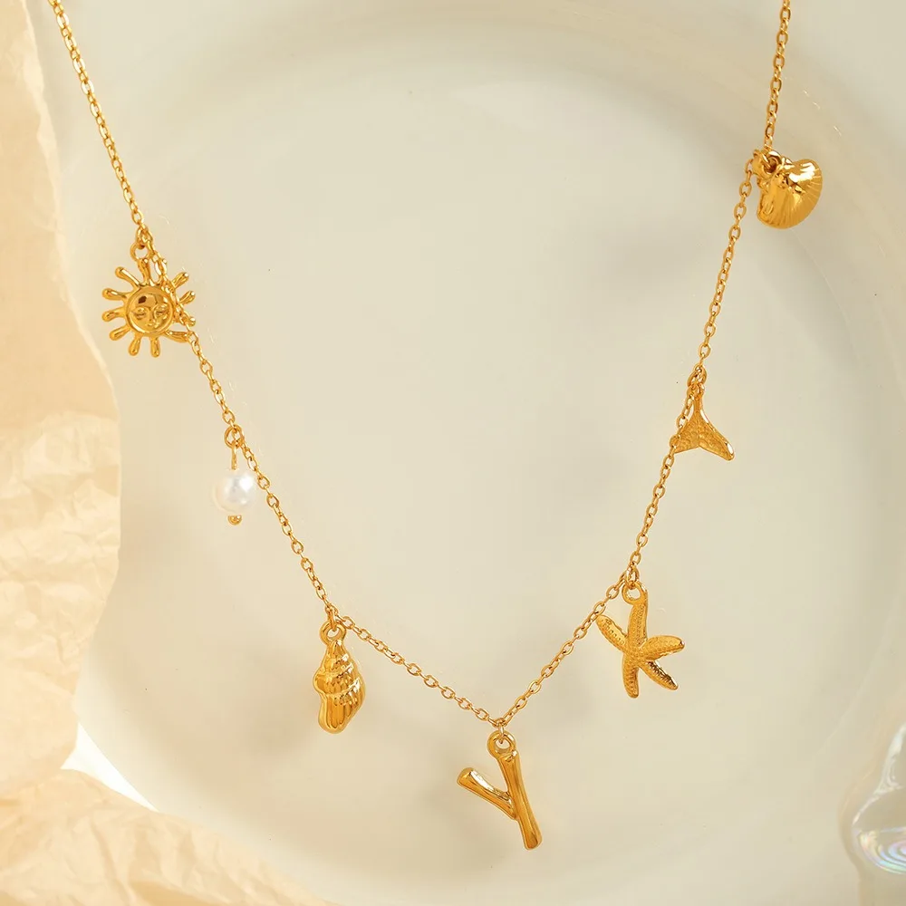Boho Cute Star Conch Seashell Shells Small Pendant Exquisite Initial Alphabet Clavicle Choker Necklace Gold Plated Jewelry Gifts