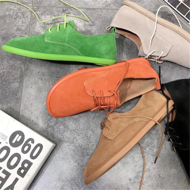 Lace-up Women Casual Shoes Round Head Students Sports Shoes Fashion Spring Abrasive Leather Couple Walking Flats Ladies Sneakers
