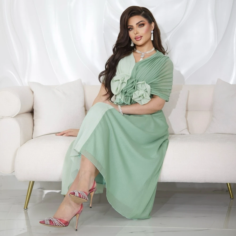 

Prom Dress Evening Saudi Arabia Jersey Flower Celebrity A-line V-neck Bespoke Occasion Gown Midi es