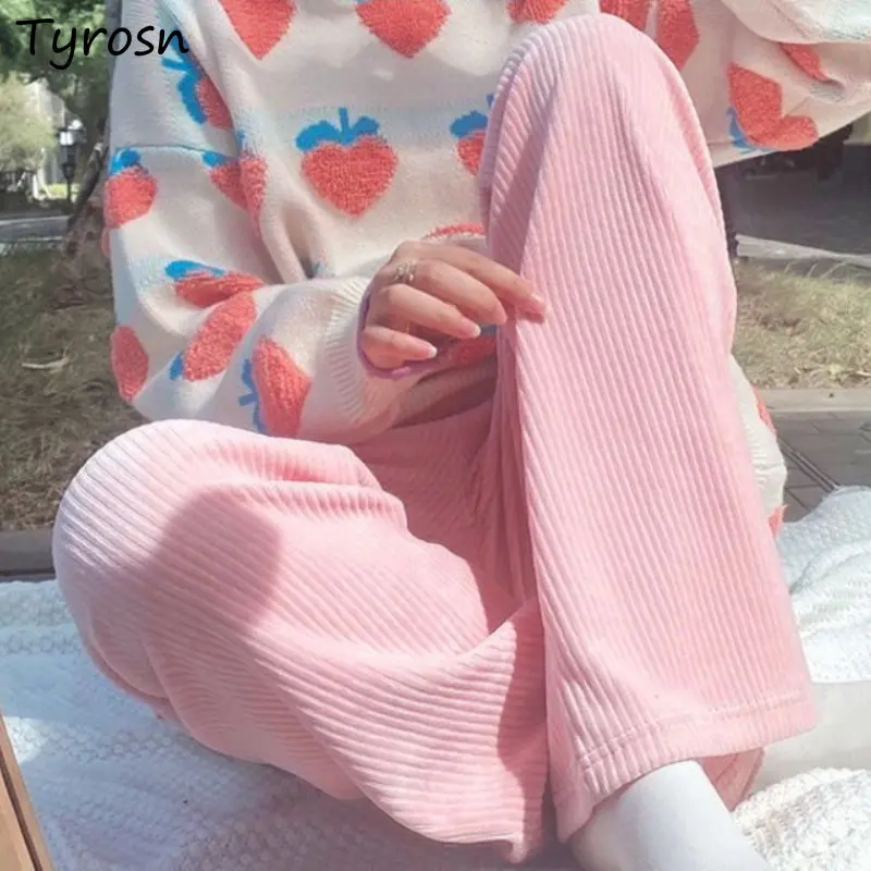 

Thicken Pants Women Solid Sweet Simple Straight Fashion Autumn Leisure High Waist Elegant Loose All-match Korean Style Design