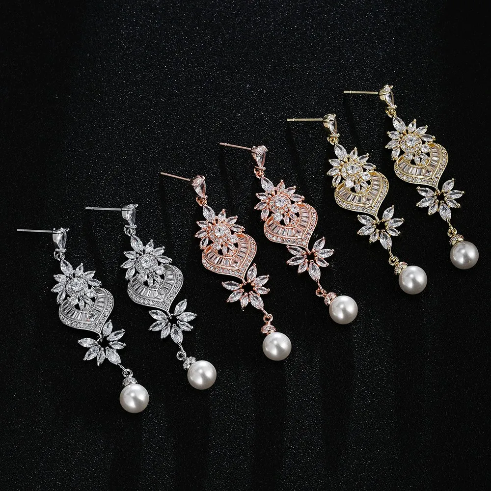 

CANPEL Glamour Luxury Bridal Wedding Jewelry High Quality Cubic Zirconia Flowers Drop Earrings for Women