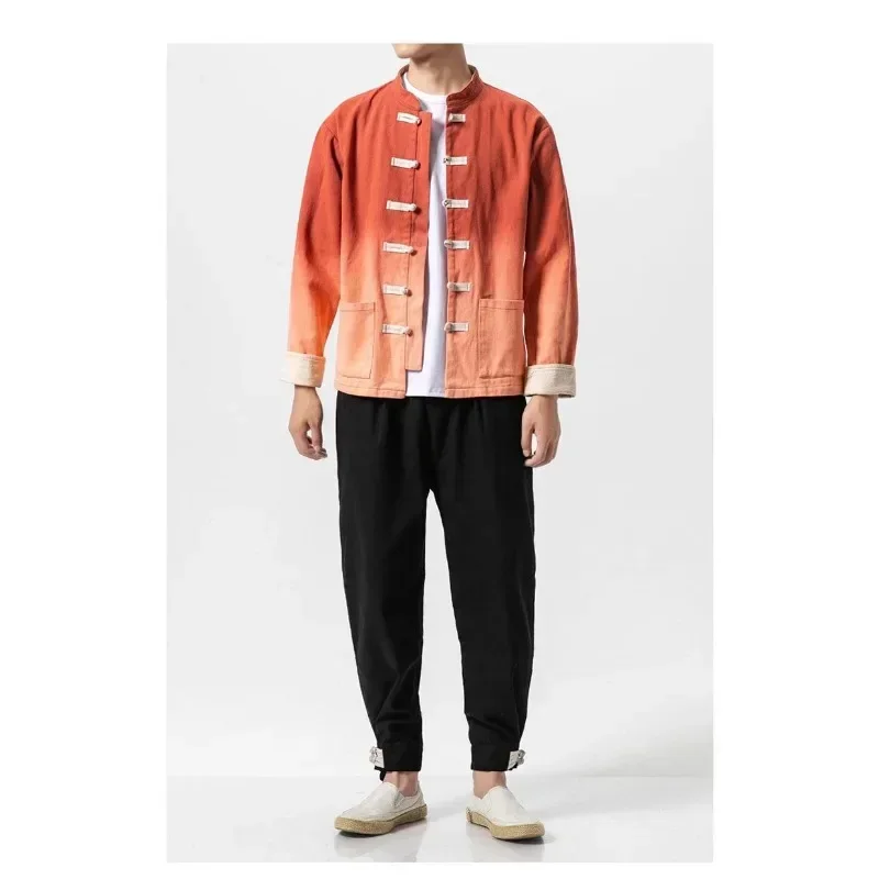 Spring Autumn Retro Stand Collar Plate Buckle Tang Suit Jacket Men Chinese Style Gradient Streetwear Kung Fu Plus Size M-5xl