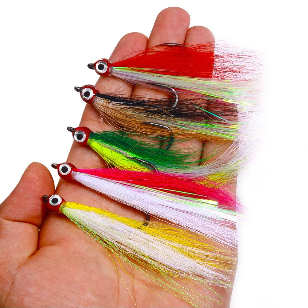 5Pcs Fishing Bucktail Teaser Hooks Con Crystal Flash Fluke Flounder Rigs Teaser Lures Per Salmon Trout Sea Bass Steelhead