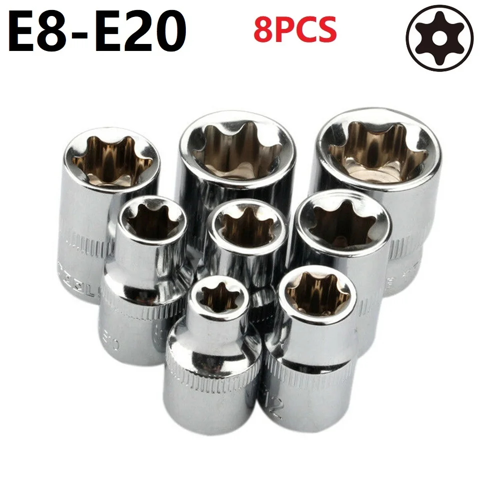 8 Pz 3/8 Pollici Drive Torx Star Socket Wrench Head E8-E20 Dado Rimozione Strumento Manuale Scanalato Estensione A Cricchetto Serrature Strumenti Di R