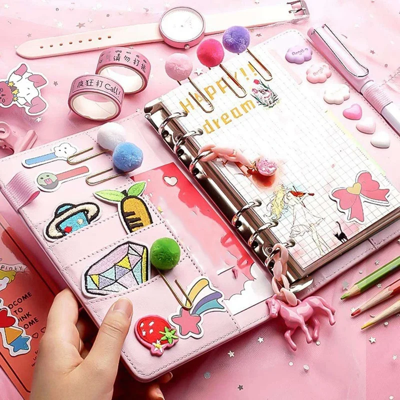 4X A6 Binder Planner Pink Notebook Binder And 48 Pieces 6 Hole Binder Zipper Folder,Binder Pockets Cash Envelope Wallet