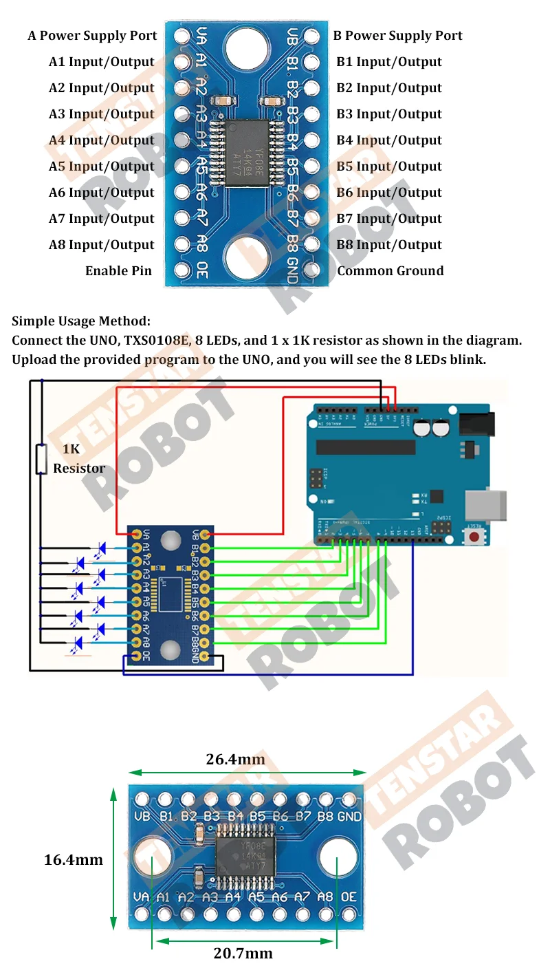 TENSTAR 5 Stück TXS0108E Modul 8-Kanal-Logikpegelwandler Bidirektionaler Hochgeschwindigkeits-Vollduplex-Shifter 3,3 V 5 V TXS0108 – Detail 1