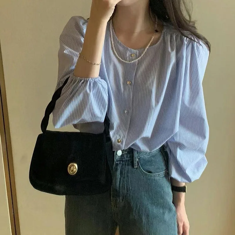 

QWEEK Youthful Striped Shirts Woman Korean Fashion Elegant Lantern Sleeve Blouses Casual Chic Old Money Style Spring Aesthetic