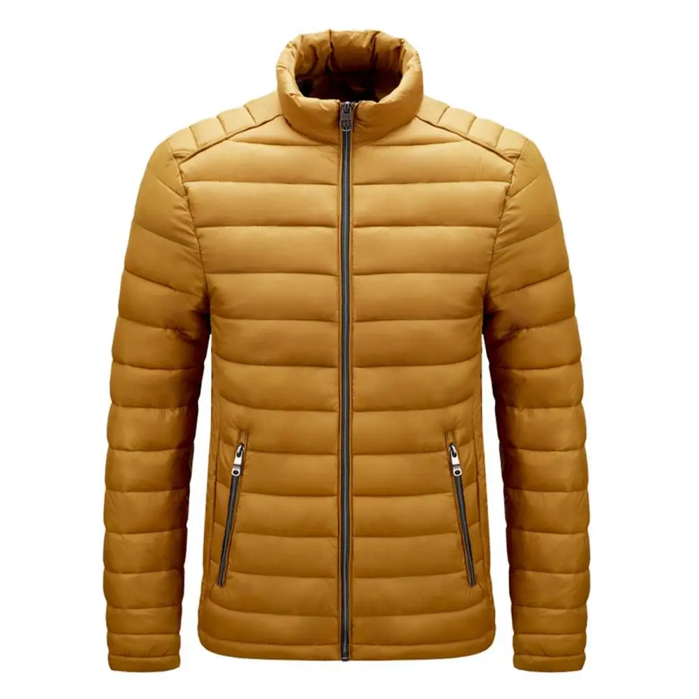 Men Cotton Coat with Zipper Stand Collar Thickened Padded Heat Retention Neck Protection Outdoor Down Jacket