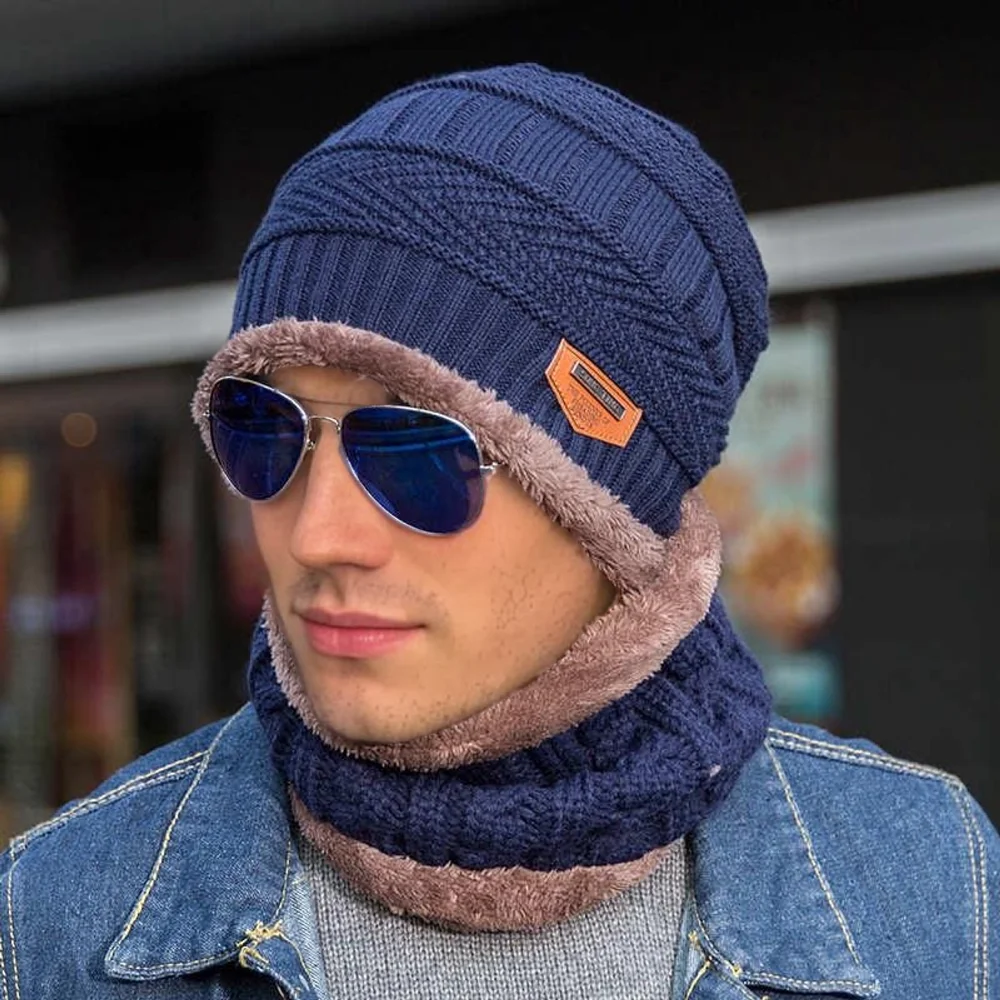 Unisex Classic Thicken Warm Knitted Suit Set Lined Winter Hat Soft Stretch Winter Hats For Men&Women Leisure Beanie Cap