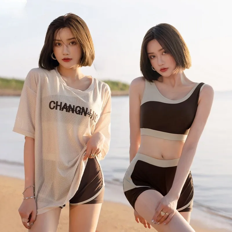

3 In 1 Swimsuit Woman Two-Piece Set Triangle Bikini High Waist Korean Women's Solid Bikini Hot Spring Bathing Suit for Ladies