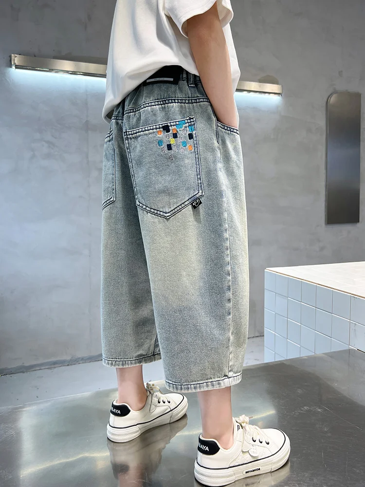 시크한 7부 남아 반바지 여름 신상 청반바지 중간 허리 밴딩 워싱 가공 트렌디한 아동복