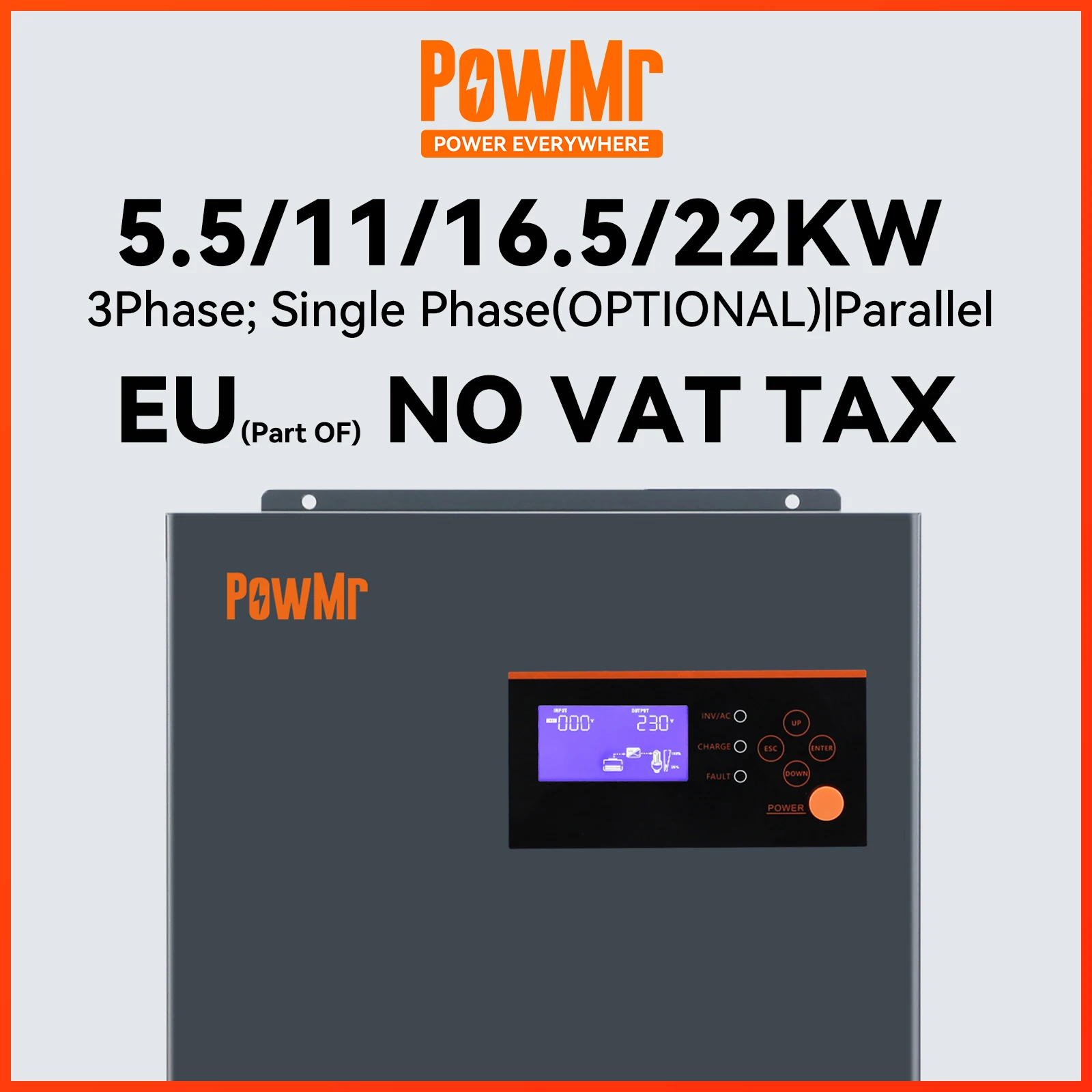 

Гибридный солнечный инвертор PowMr, 48 В, 3 фазы, однофазный, 5,5 кВт, 11 кВт, 16,5 кВт, 22 кВт, опционально 100 А, инвертор для солнечной батареи без сетки, параллельный