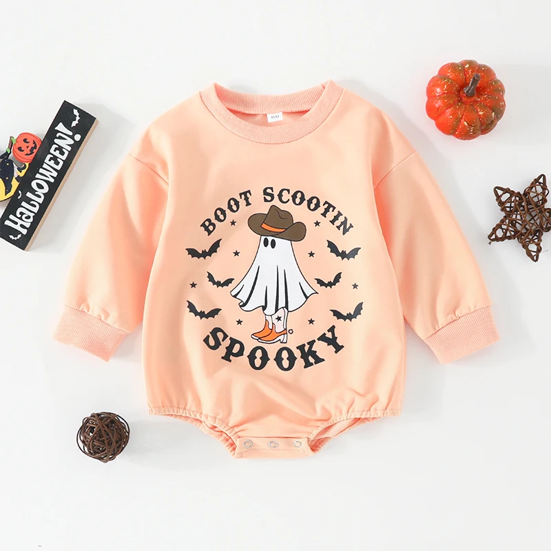 

Infant Baby Halloween Sweatshirt Jumpsuit Ghost Letter Print Round Neck Long Sleeve Romper Toddler Clothes