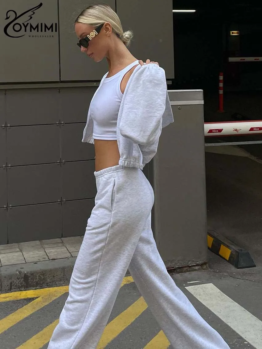 Oymimi Fashion Grey Knitting 2 Piece Sets Women Outfit Elegant Hooded Collar Long Sleeve Zipper Crop Tops And Straight Pants Set