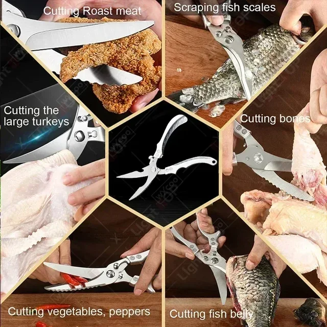 Ciseaux de cuisine professionnels, ciseaux multifonctionnels pour os de poulet, coupe-viande, canard, poisson, volaille, manche en plastique 4