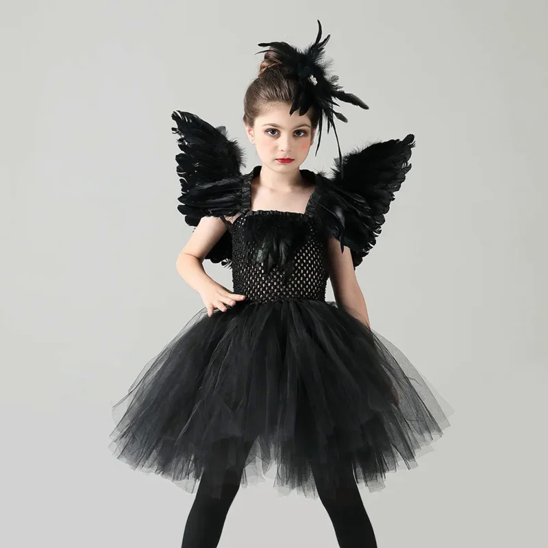 

Black Swan Lake ballerina costume for baby girls Gothic witch Halloween tutu dress kids evil Queen Tutu feather dress child