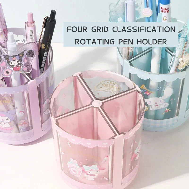 Pen Holder MINOSO Sanrio Genuine Melody Cinnamoroll Kuromi Rotating Cartoon Desktop Organizer Stationery Cosmetics Storage