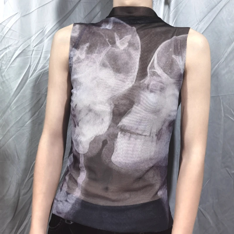 

Millennium Mambo |Butterfly Skull Kiss Stretch Mesh High Neck Vest Base Shirt in Dark Gothic Style,Onlyfans punk sexy tank tops