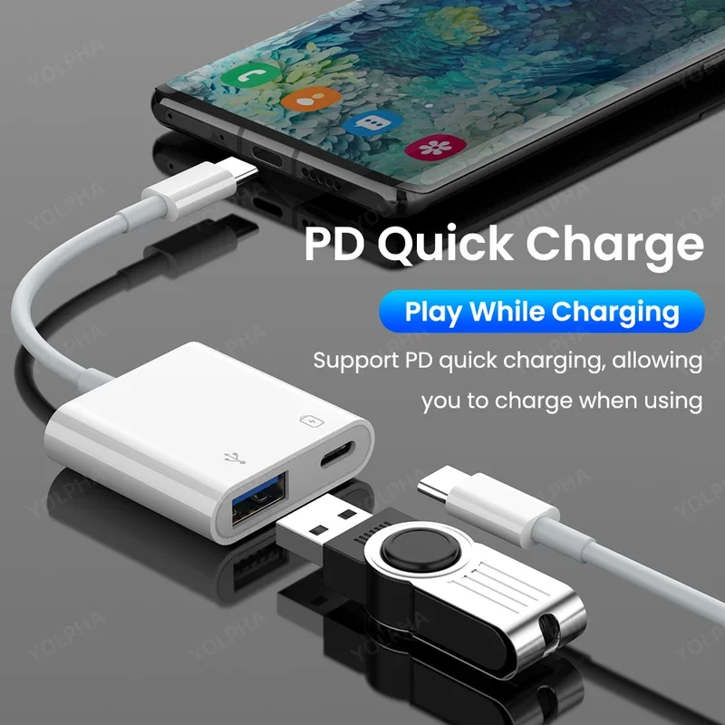 2-in-1 유형 C OTG 어댑터 C-USB(충전 포트 포함) 변환기는 iPhone15와 호환되는 마우스 USB 플래시 드라이브 카메라를 연결합니다.