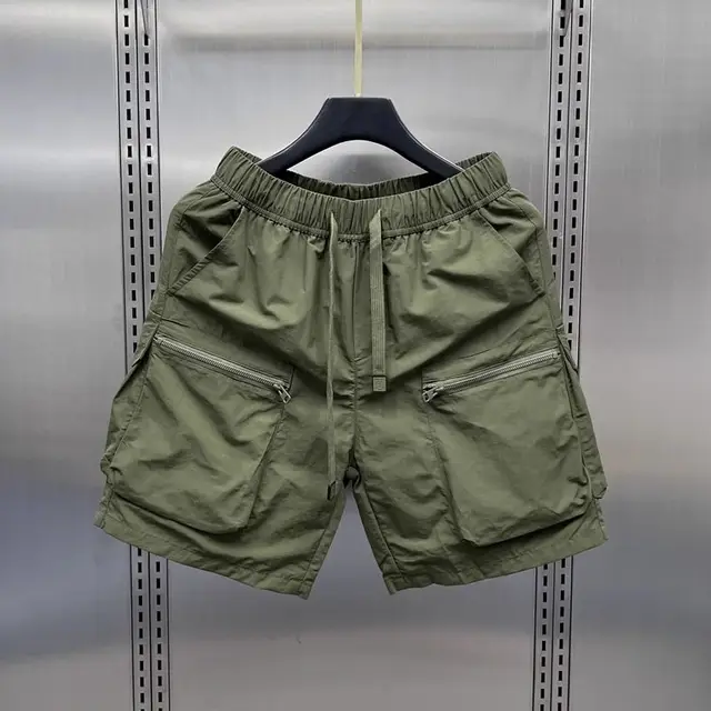 Men's Retro Multi Pocket Cargo Shorts Summer Thin Loose Straight Casual Outerwear Capris Solid Color Drawstring Short Pants 1