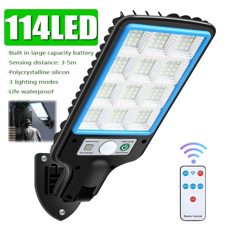 New Solar 114 LED Street Light 3 Light Modes Motion Sensor Outdoor Waterproof Garden Courtyard Porch Decoration COB Wall Lamp