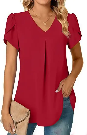 Elegantes Damen Top Bluse Blume 2024 Sommermode Einfachheit Kurzarm Solide V-Ausschnitt Pendler Büro Weibliches Hemd S-XXL