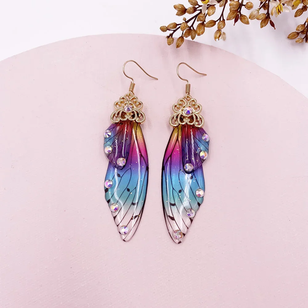 Fairy Rainbow Gradient Resin Butterfly Wing Rhinestone Glitter Earrings