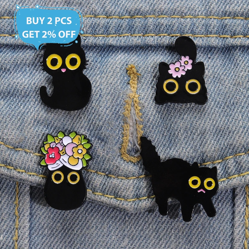 Schwarze Katzen Emaille Pins benutzer definierte große Augen Kätzchen Broschen Revers Abzeichen Blumen tier Cartoon lustige Schmuck Geschenk für Freunde – Detail 1