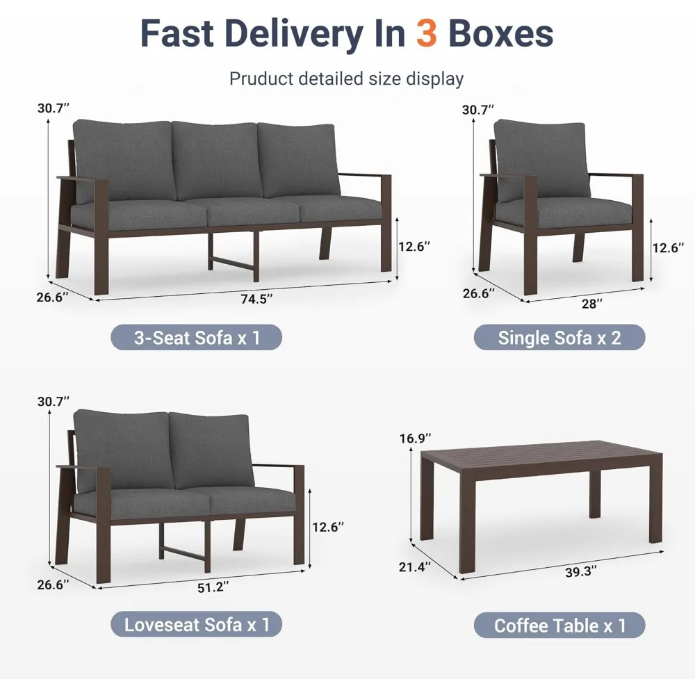 5 Pieces Aluminum Patio Furniture Set, 7-Seat Metal Outdoor Furniture Set with 4" Water-Resistant Cushion , Sets for Porch, Deck 3