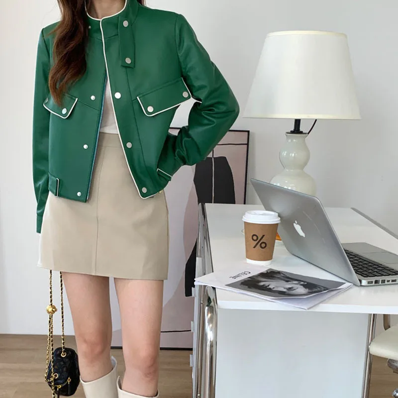 

2023 Genuine Leather Clothes Women's Spring Locomotive Short Casual Stand Collar Single Breasted Sheepskin Leather Overcoat Fema