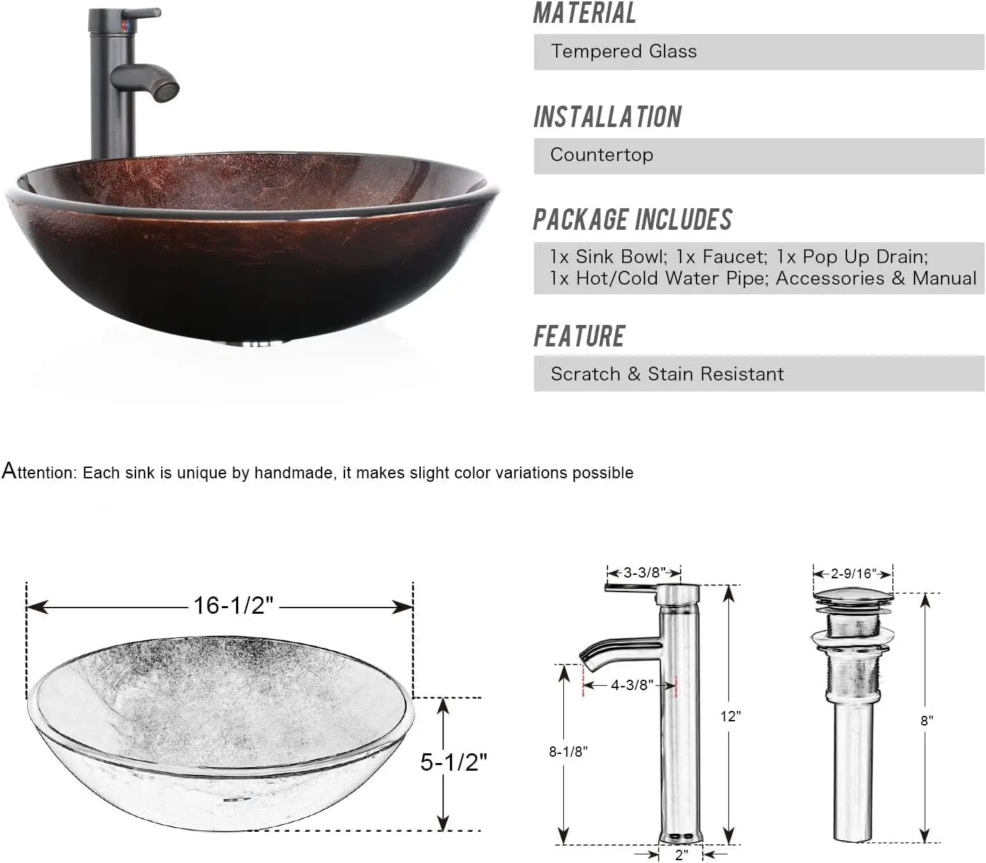 24" Bathroom Vanity Sink Combo Wall Mounted Natural Cabinet Vanity Set Brown Round Tempered Glass Vessel Sink Top, W/ORB Faucet 5