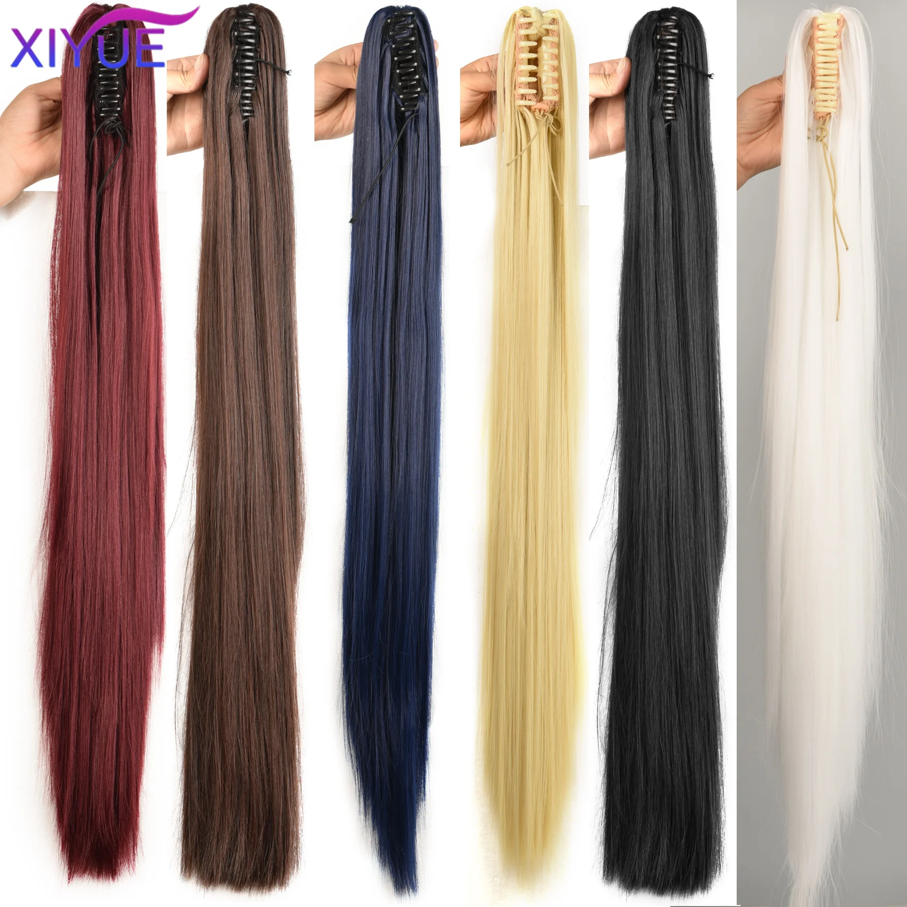 32Inch Synthetic Long Straight Claw Clip On Ponytail Hair Extensions Heat Resistant Ponytail Blonde Black Hairpiece for Women