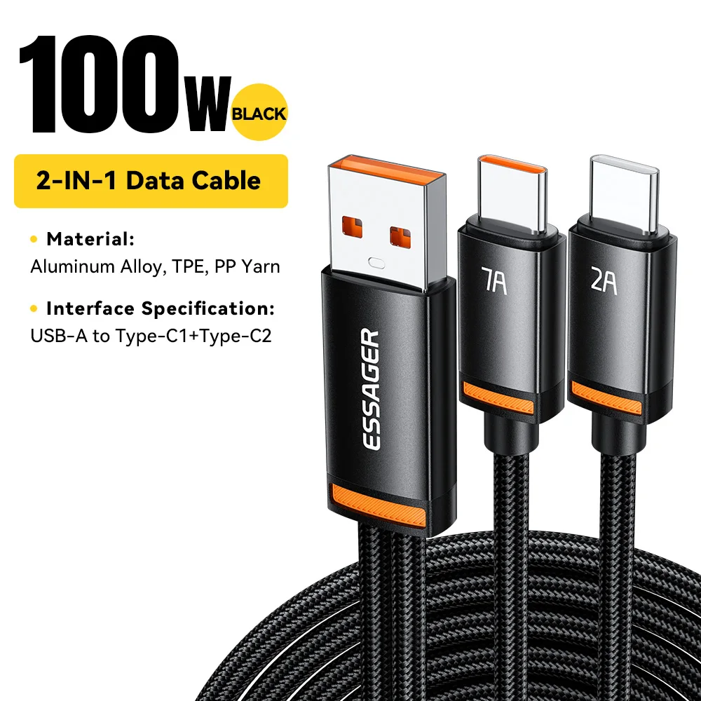 Essager 7A 100W 2 في 1 كابل USB USB نوع C شاحن سري...