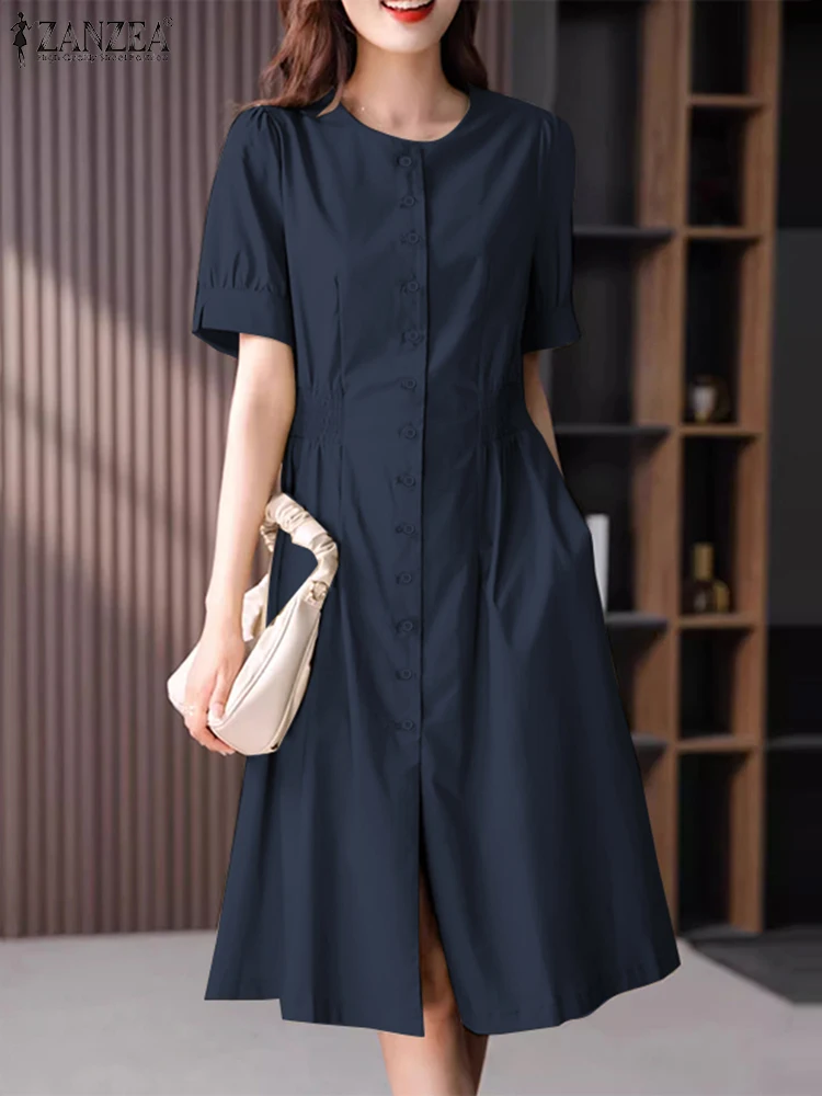 

ZANZEA Fashion Summer Short Sleeve A-line Knee-length Dress Robe Femme Casual Solid Work Sundress Women Elegant Shirt Vestido