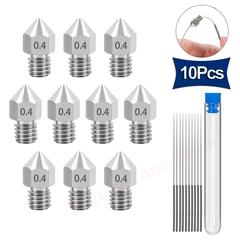 

10Pcs Stainless Steel MK8 Extruder Hotend Nozzles 0.4mm with 10Pcs 0.35mm Cleanning Needles for CR-10 Ender 3/5