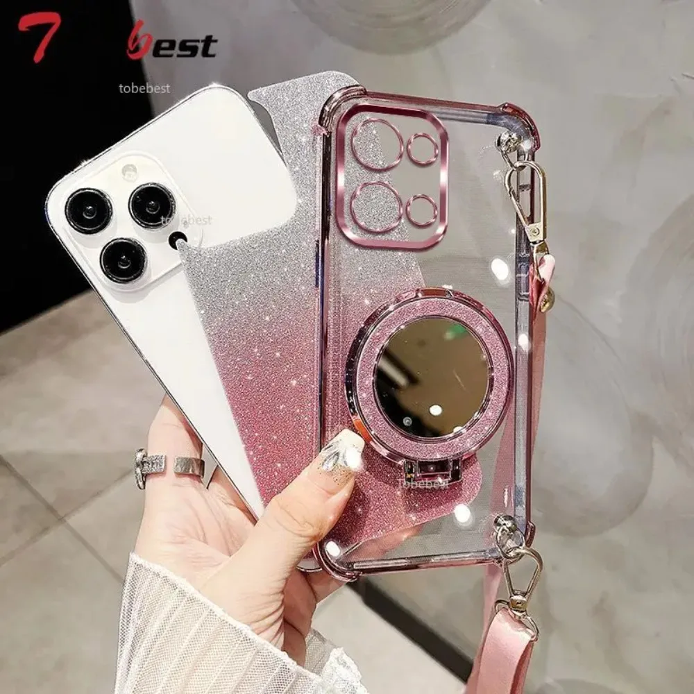 Elegant Crossbody Lanyard Shockproof Plating Case with Mirror and Makeup Holder Cover