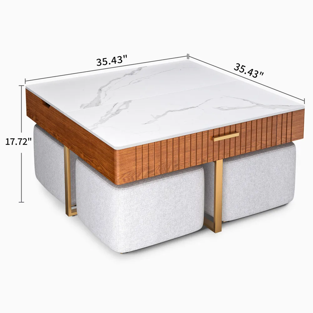 White Marble Lift Top Coffee Table Set Square Table w/ 4 Stools for Living Room 2