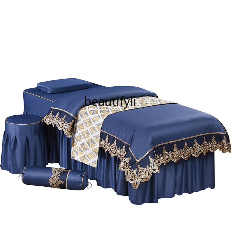 

Tencel Cotton Beauty Bedspread Four-Piece Set European High-End Massage Therapy Mattress Cover Solid Color