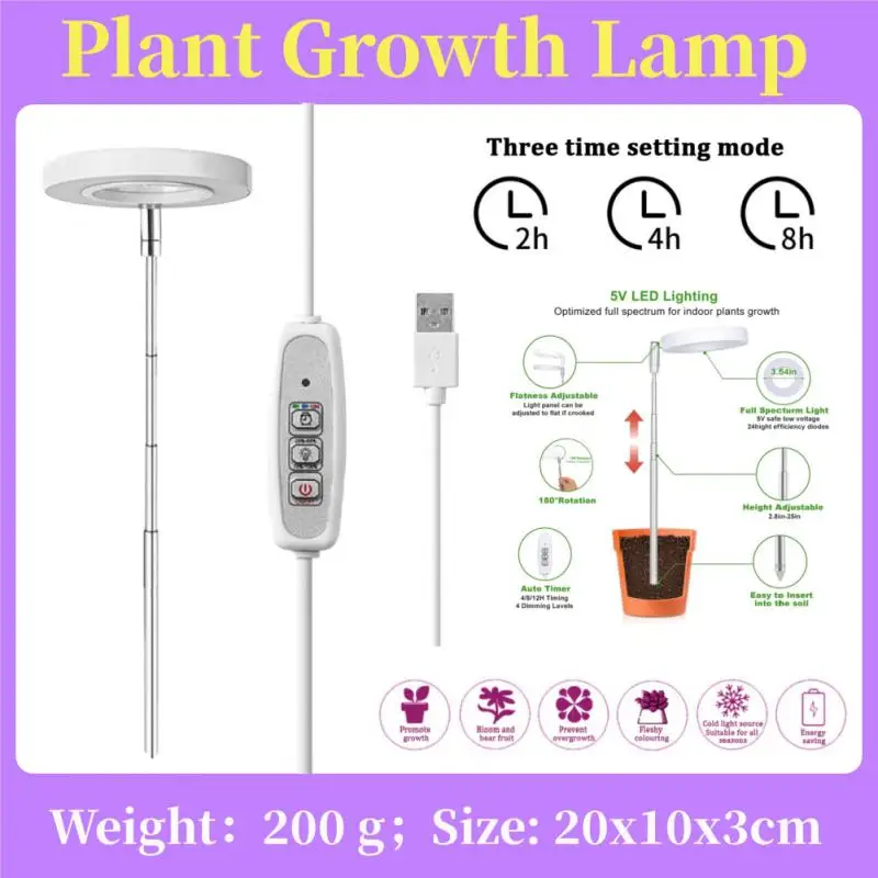 

LED Indoor Angel Ring Plant Growth Light 2/4/8H On/Off Timer USB 5V Retractable Height Full Spectrum Simulated Sunlight Plant