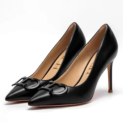 Elegant Women's Pointed High Heels with Metal Buckle - 9cm - 38 (Black)
