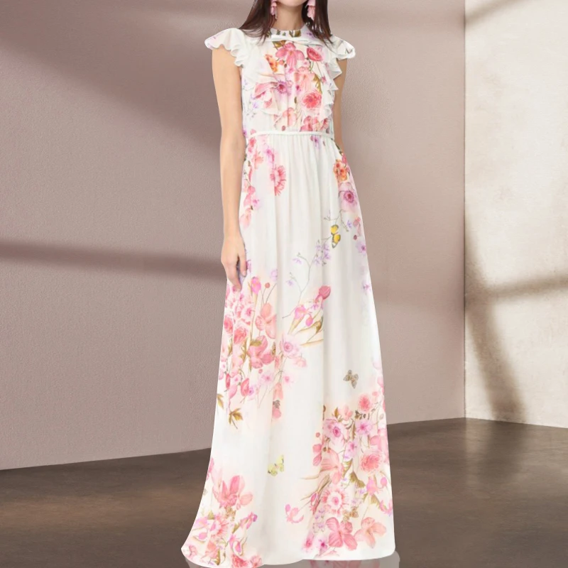 

Runway Designer Summer Dress Women 2023 Elegant Ruffles Floral Printed Maxi Dresses Chiffon Vestidos De Mujer Casual Baratos