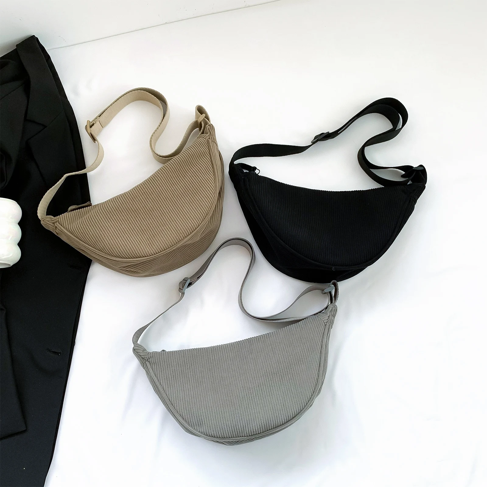 Corduroy Ladies Sling Bag Adjustable Strap Casual Commuting Bag