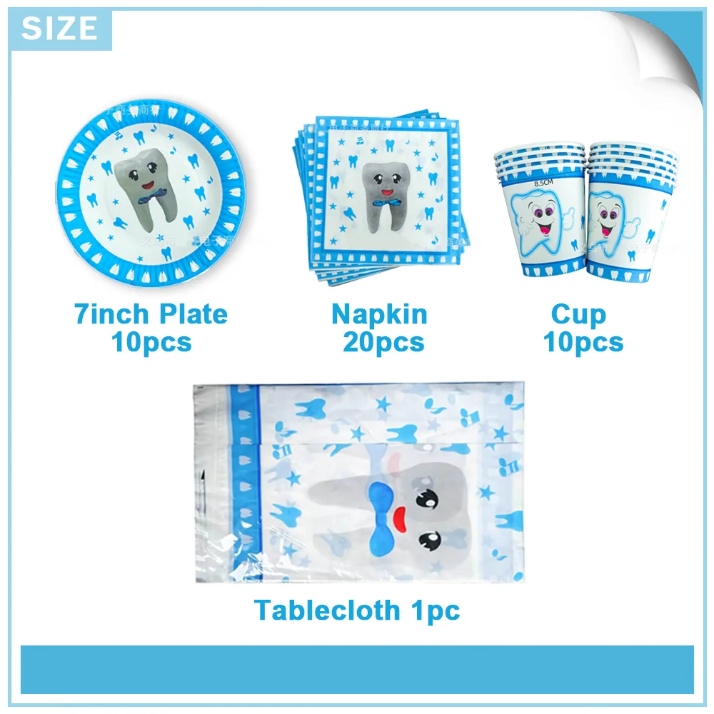 Blau Mein erster Zahn Thema Baby Puzzle Aufklärung Party Dekoration Einweggeschirr Banner Teller Tasse Junge Babyparty Geschenk – Detail 19