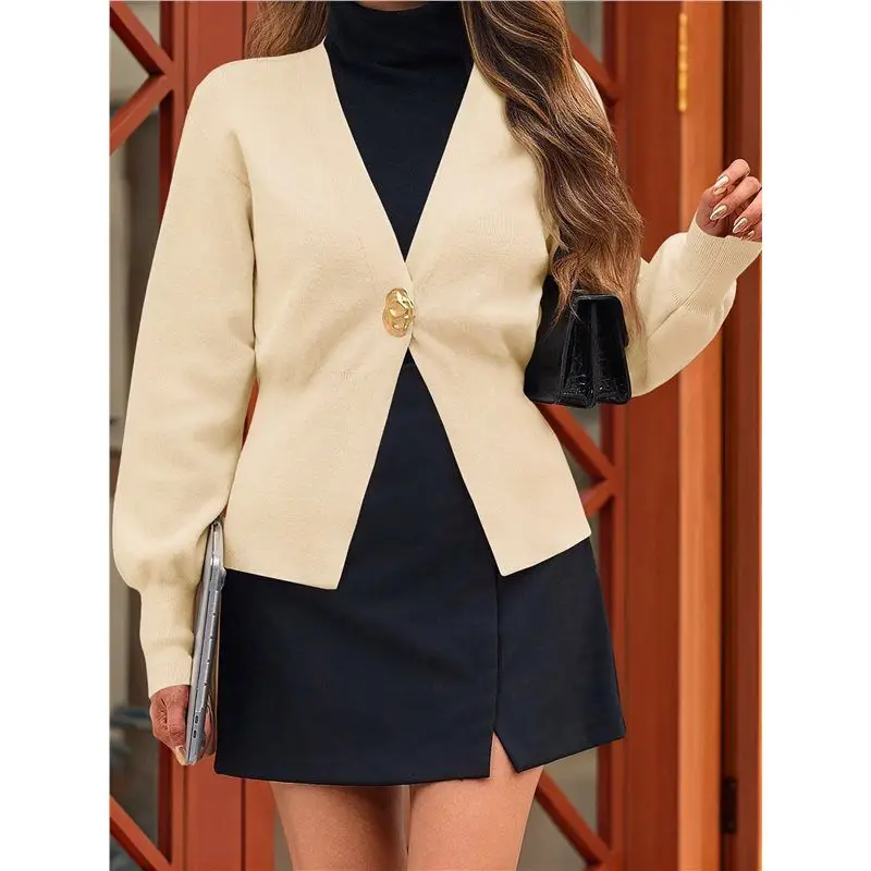 ABKS-여성 니트 가디건 긴 소매 브이넥 스웨터 원 리프 버튼 다운 아우터웨어